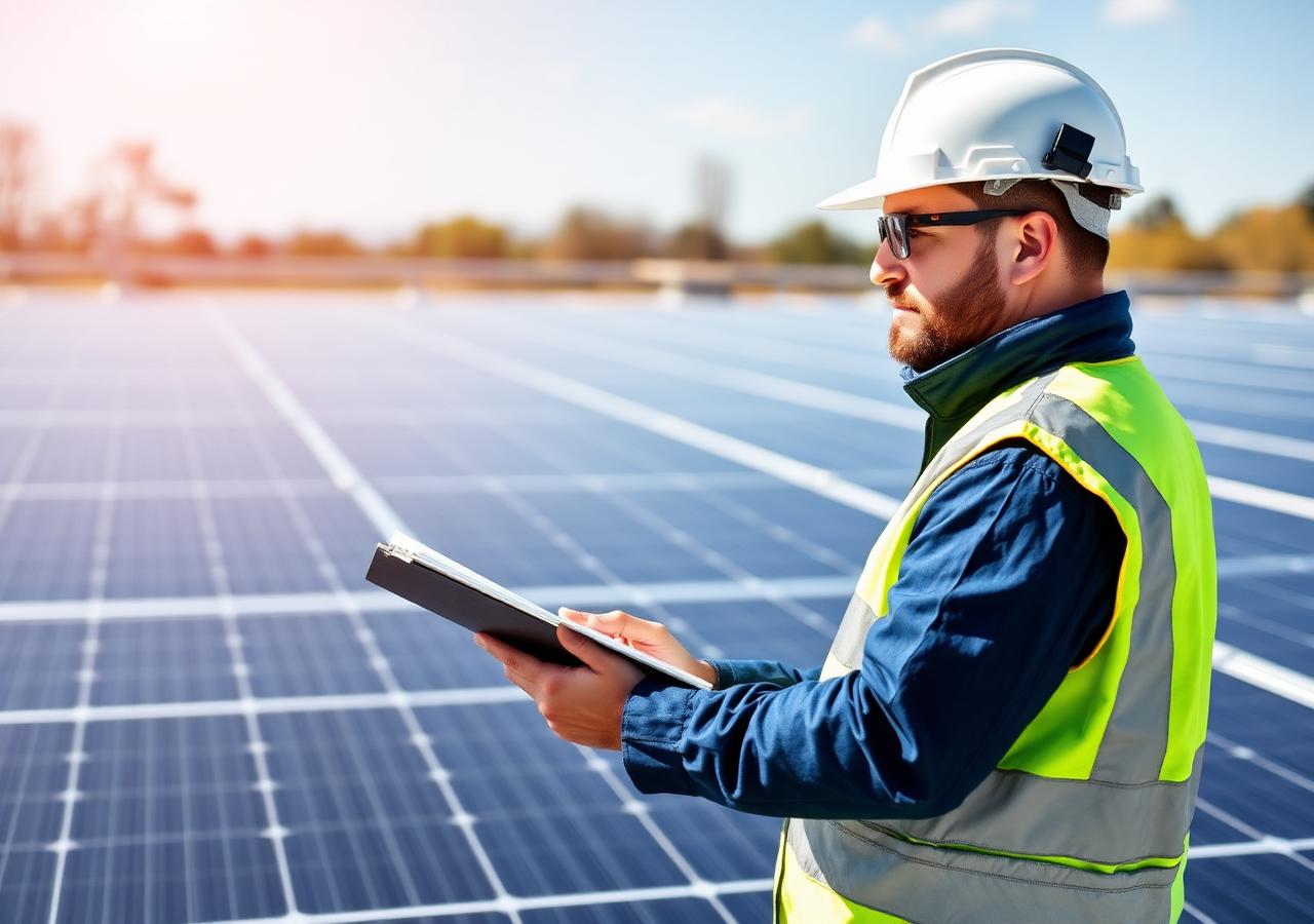 Engineer performing quality inspection on a solar panel array
